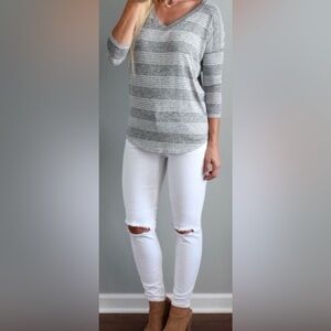 Market & Spruce Careen V Neck Gray Stripe Dolman Top Size Small